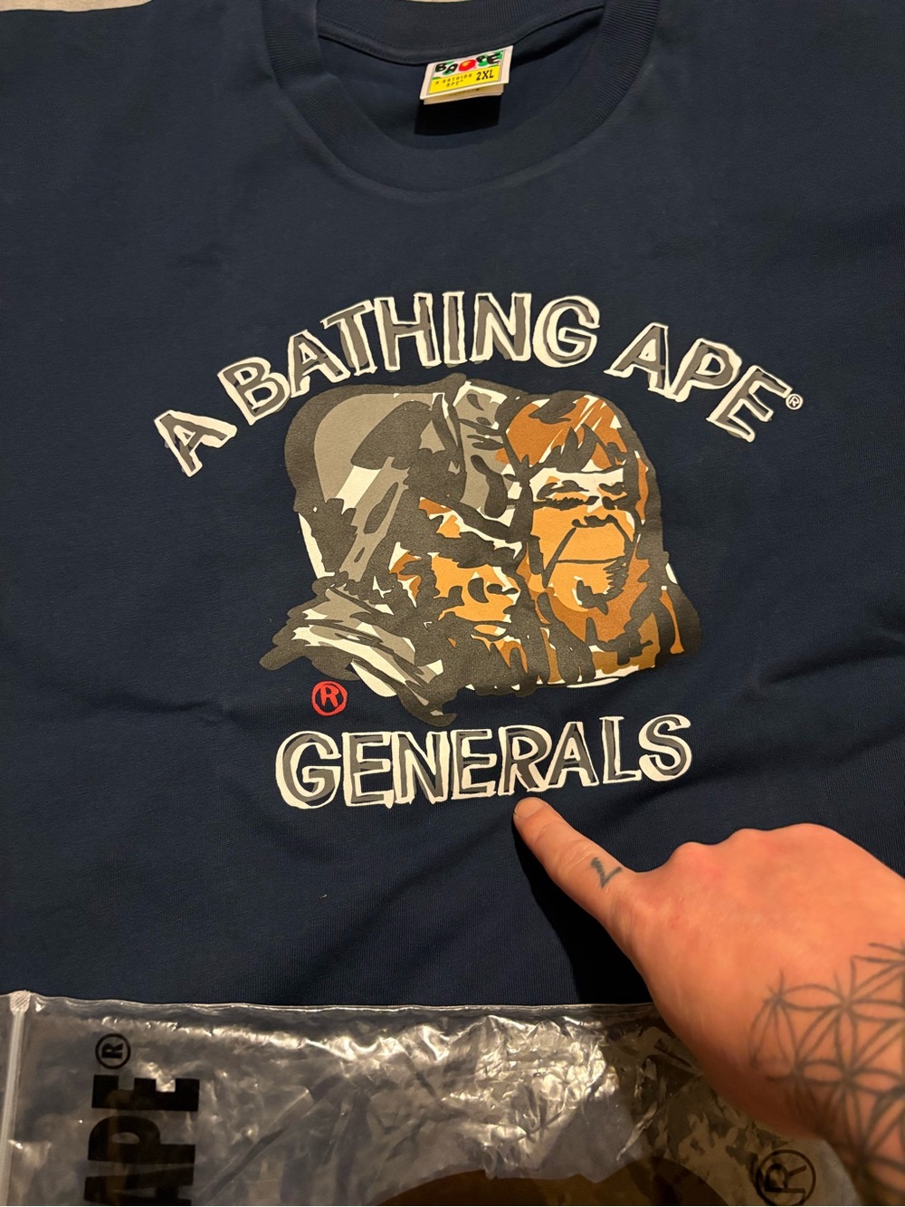 Bape Navy Short Sleeve Tee with Multicolor Ape Graphic